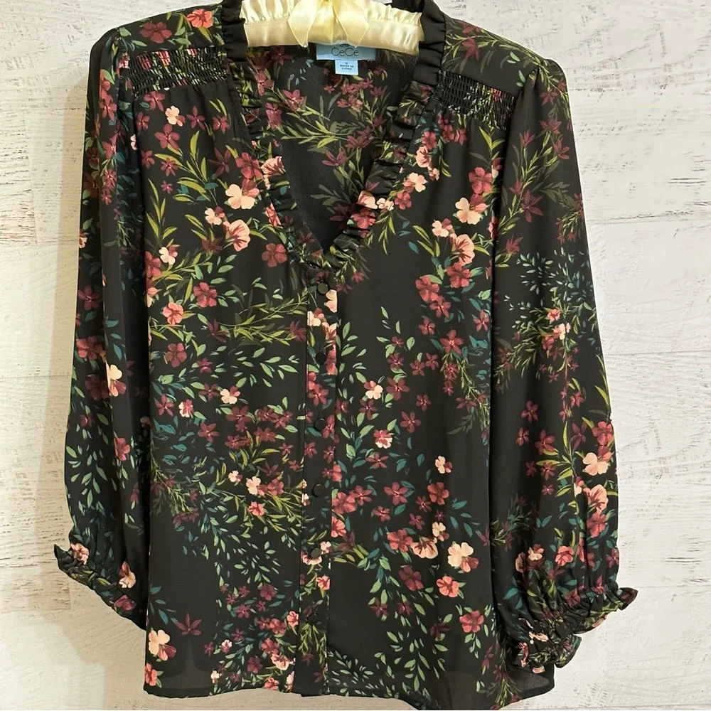 CeCe Women’s Floral Print Ruffled V-Neck Button Front Blouse - Picture 3 of 15